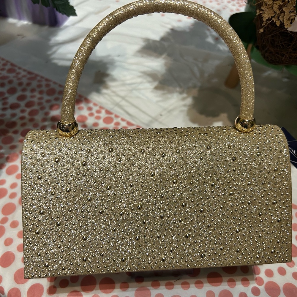 Gold Crystal-Embellished Top-Handle Clutch